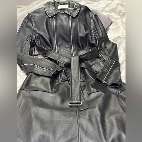 MaxMara Charcoal Leather Belted Down Jacket